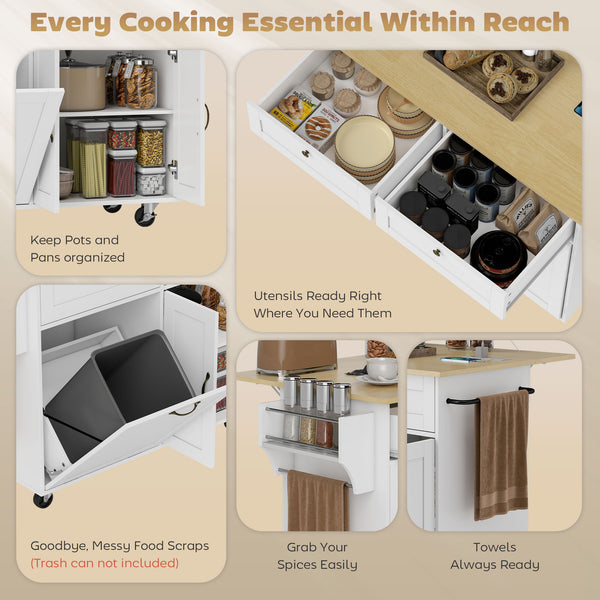 White mobile kitchen island with fold-down countertop, electrical outlets and storage