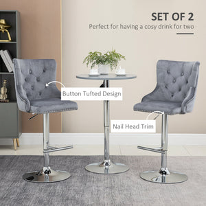 Set of 2 modern adjustable bar stools in velvet, grey