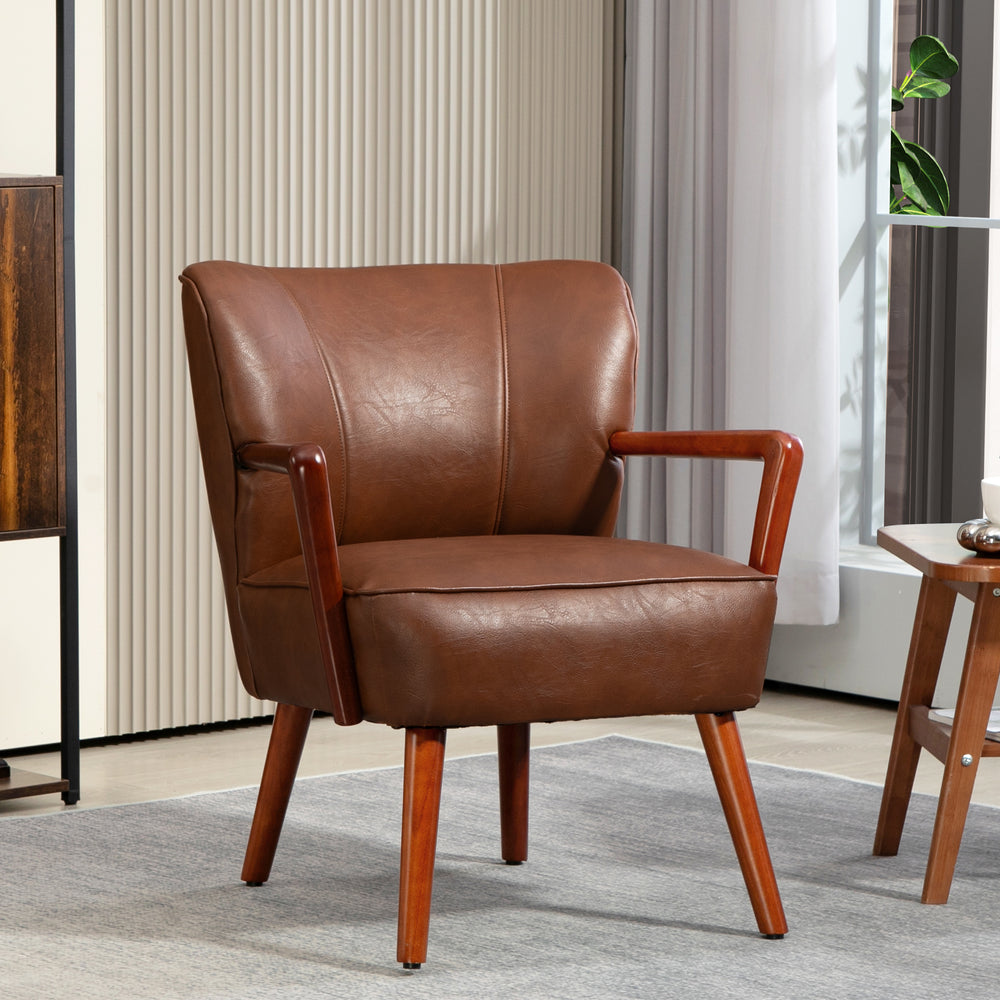 Modern upholstered armchair in faux leather with wooden legs and wide padded seat, brown