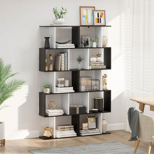 Modern 5-tier bookcase with divider, black and white
