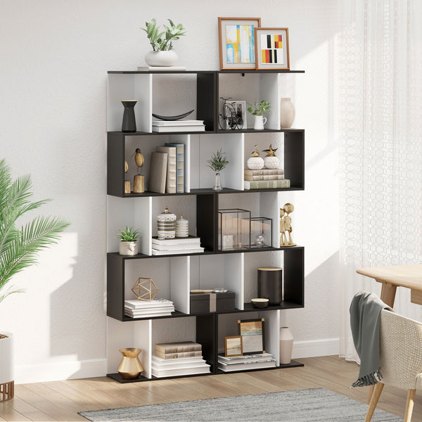 Modern 5-tier bookcase with divider, black and white
