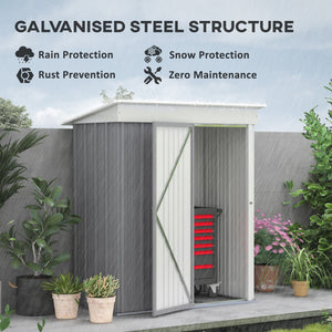 Lean-to steel garden shed with adjustable shelf, lock and gloves, grey