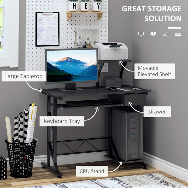 Computer desk with keyboard tray and drawer, black