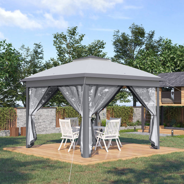 11' x 11' Folding Gazebo, Double-Fly Pop-Up Tent with Zippered Mesh Sidewalls, Adjustable Height and Carry Bag, Gray