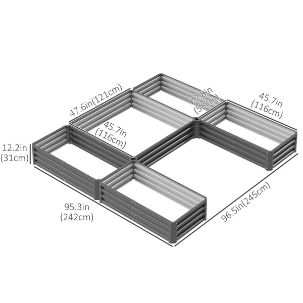 Set of 5 large raised steel garden planters, grey