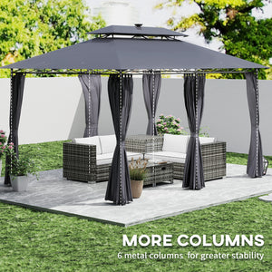 10' x 13' Outdoor Gazebo with Curtains and Solar Powered LED Lights, Double Roof Patio Shelter