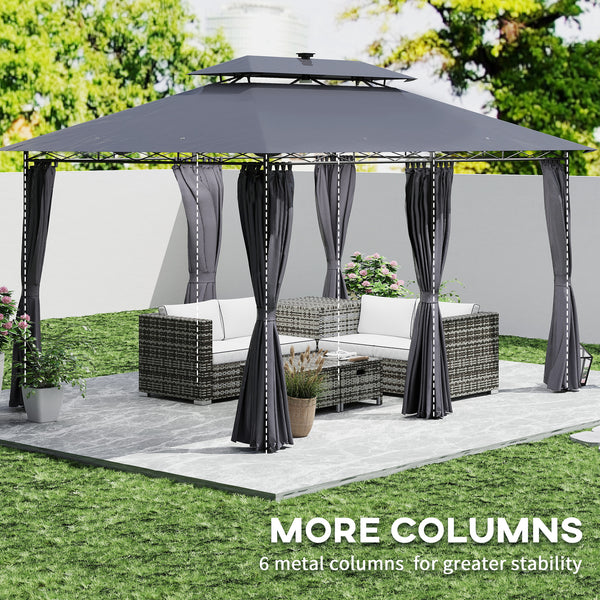 10' x 13' Outdoor Gazebo with Curtains and Solar Powered LED Lights, Double Roof Patio Shelter