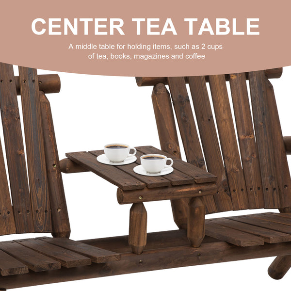 Wood Adirondack Patio Chair Bench with Center Coffee Table, for Lounging and Relaxing Outdoors Carbonized