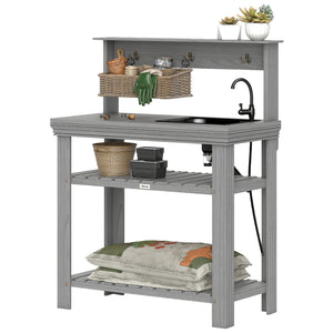 Outdoor potting table with tap, removable sink, hooks and storage shelves