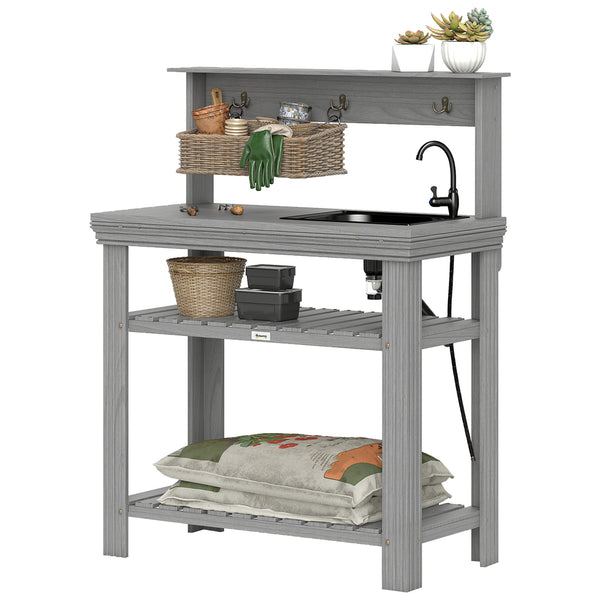 Outdoor potting table with tap, removable sink, hooks and storage shelves