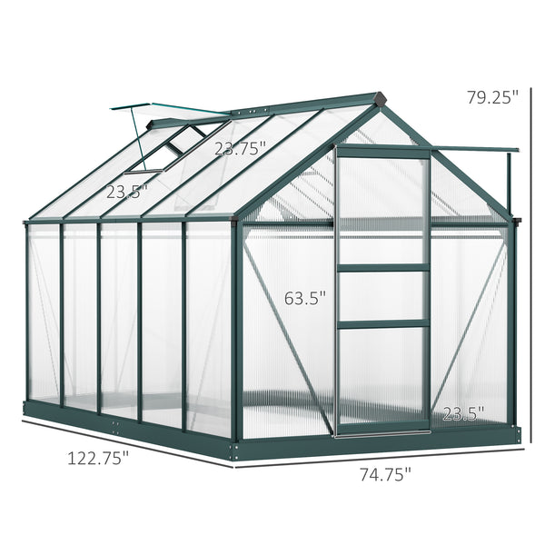 Green polycarbonate greenhouse with gutter, vents and sliding door