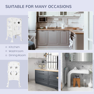 Foldable Toddler Kitchen Step Stool with Chalkboard and Locking Handrail, White