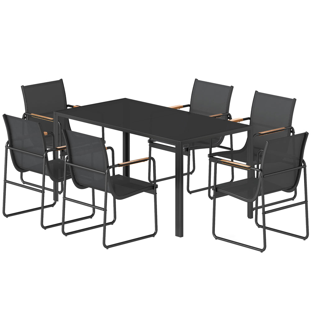 7-piece outdoor dining set for 6 people, glass table and chairs with decorative armrests, weather-resistant mesh fabric, black 
