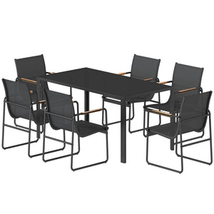7-piece outdoor dining set for 6 people, glass table and chairs with decorative armrests, weather-resistant mesh fabric, black 
