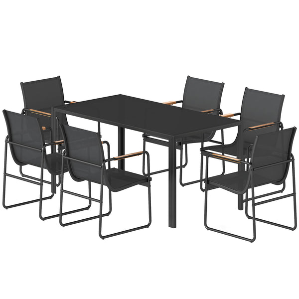 7-piece outdoor dining set for 6 people, glass table and chairs with decorative armrests, weather-resistant mesh fabric, black 
