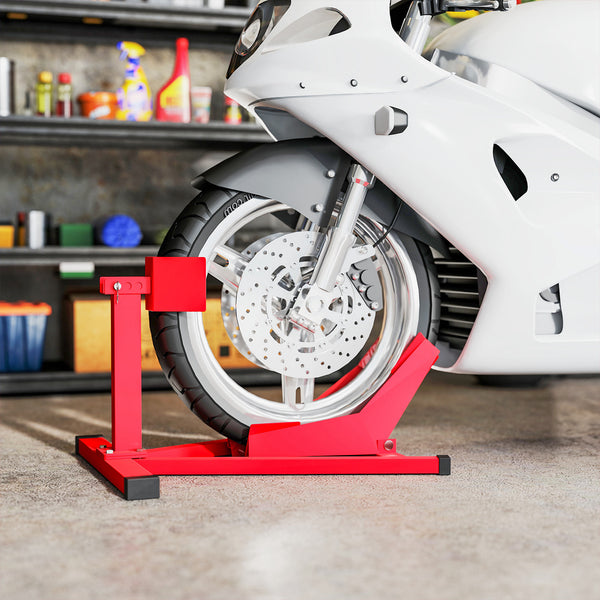 Heavy-duty steel motorcycle wheel chock, 300 kg (660 lb) capacity, for 14-21 inch wheels, red