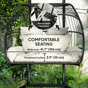 double wicker swing with hanging stand, UV-resistant cushion, cream white