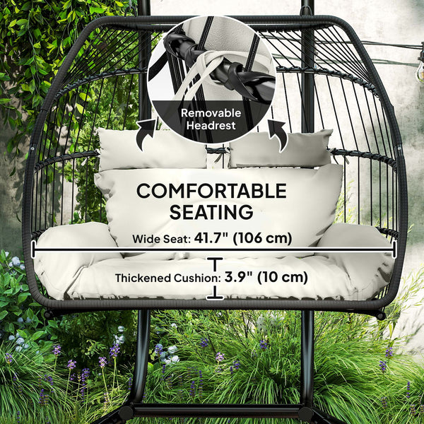 double wicker swing with hanging stand, UV-resistant cushion, cream white