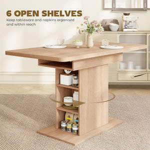 Extendable dining table for 4 to 6 people with 6 open shelves, in natural wood.