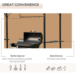 Barbecue gazebo with metal frame, arch and sunshade