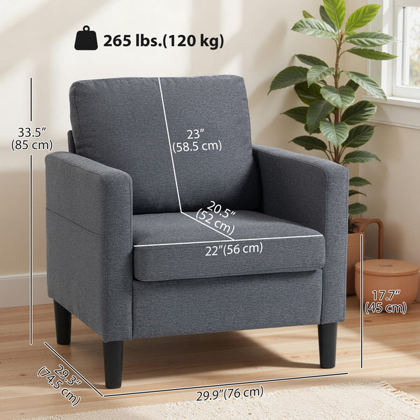 Modern upholstered armchair with thick, padded seat and armrests, dark grey 