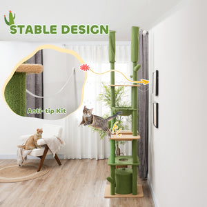 Cat tree 226-254 cm, ceiling height with scratching posts, grooming brush and niche, green