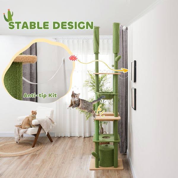 Cat tree 226-254 cm, ceiling height with scratching posts, grooming brush and niche, green