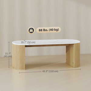 Modern marble effect coffee table with rounded corners and thick legs, natural wood