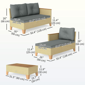 3 Piece L-Shaped Garden Furniture Set with Coffee Table and Wooden Top, Light Grey