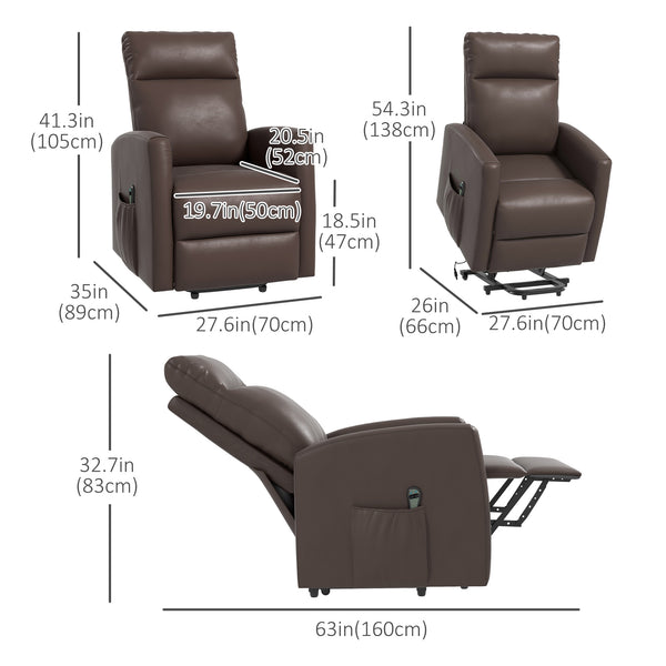 Electric Lift Recliner Chair with Remote Control and Side Pocket, Brown