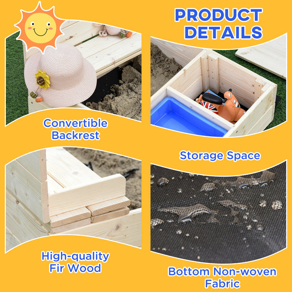 Wooden sandbox with folding bench, 2 plastic trays and bottom liner