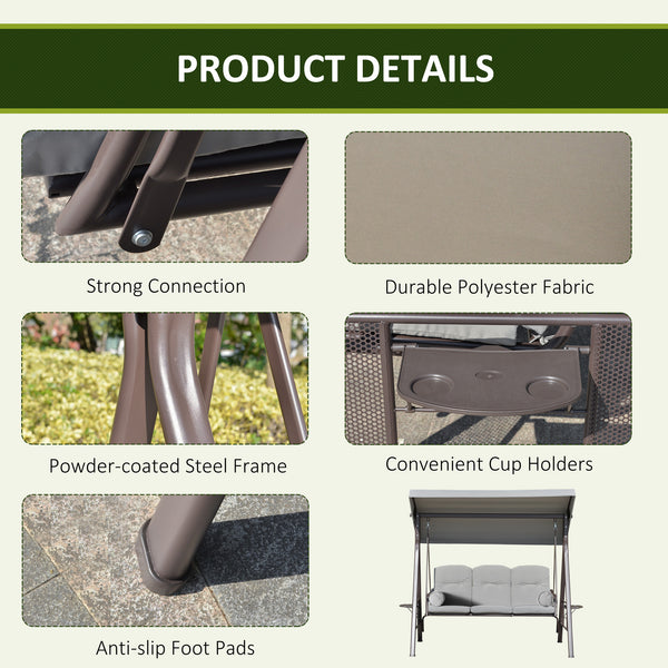 Swing chair for 3 people with steel canopy, light grey 