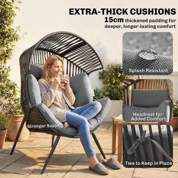 Wicker rattan egg chair with thick cushion and headrest, steel frame, adjustable cushions, grey