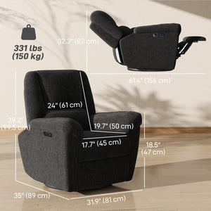 Electric reclining chair, fabric upholstery, USB ports, swivel and rocking function, footrest, black