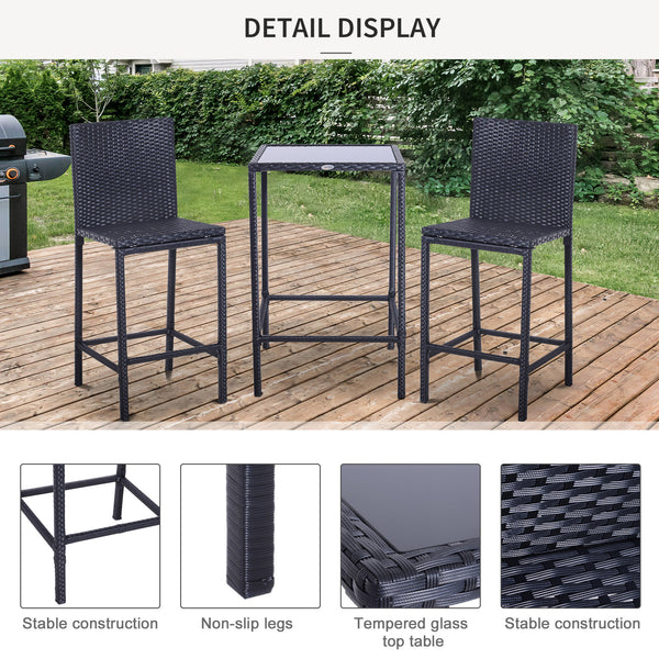3 Piece Wicker Rattan Garden Bar Set, Bar Stool and Table for Patio, Black