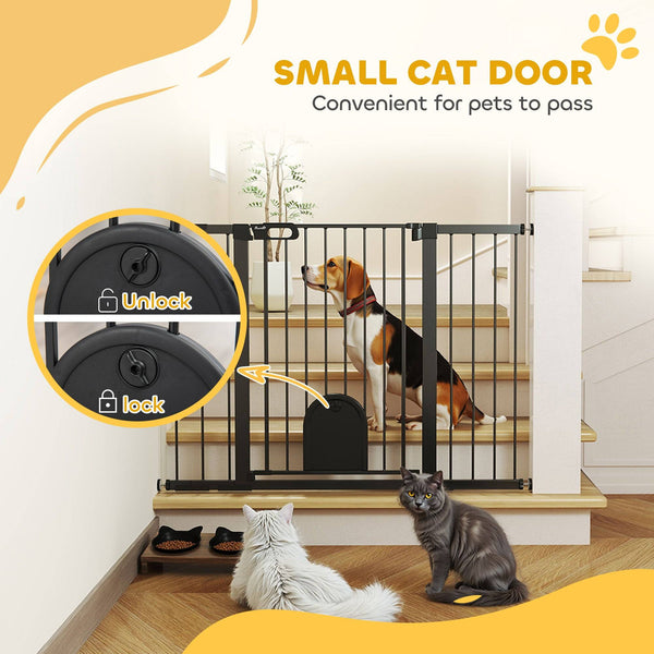 Extra Wide Pet Gate for 30-52" Pets with Small Door, Pressure Mount for Stairs, Black