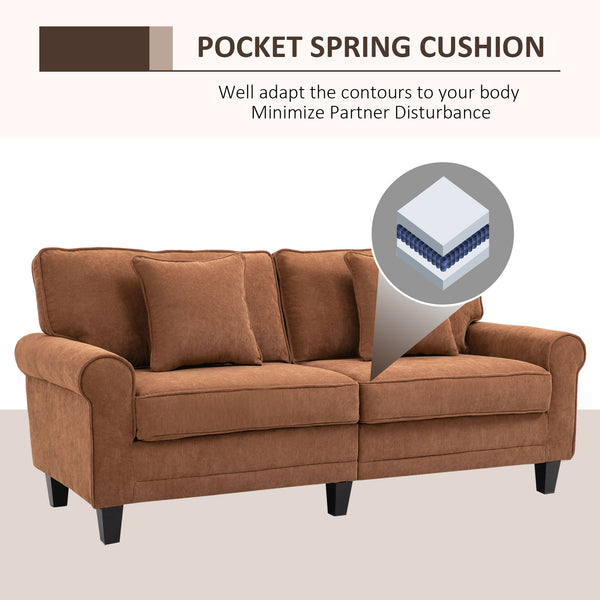 Modern 3-seater sofa in corduroy fabric with rolled arms, brown