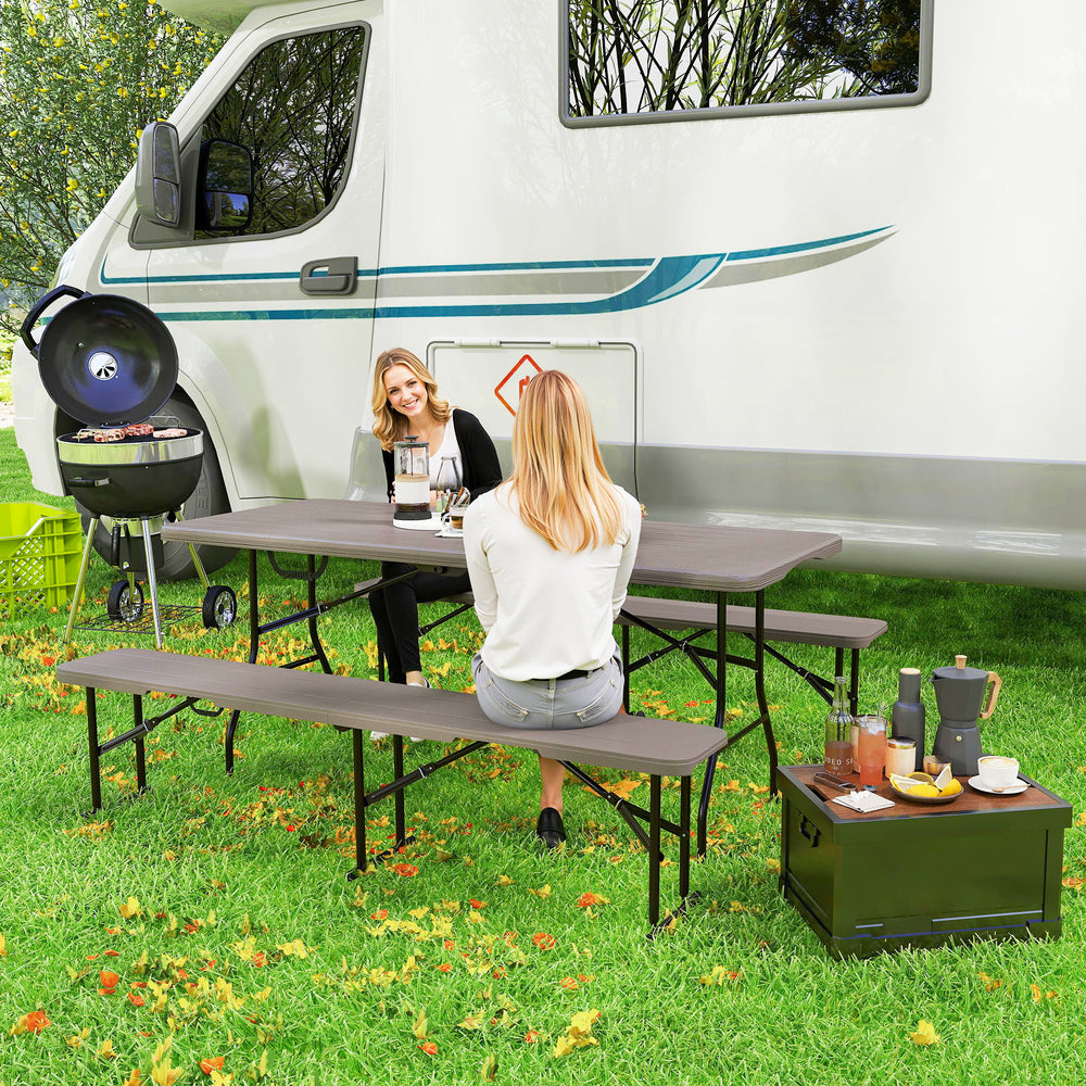 Foldable camping table and benches set with carry handles, brown