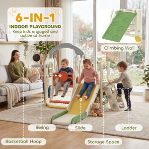 6-in-1 play set with slide and swing, ages 1 to 5