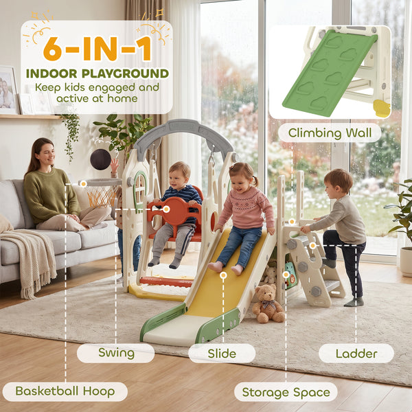 6-in-1 play set with slide and swing, ages 1 to 5