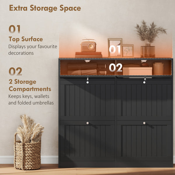 Shoe cabinet with 2 large tilt-out drawers in country style with 2 top compartments, black