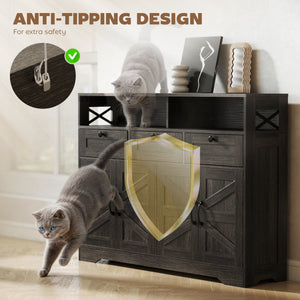 Buffet with 4 barn-style sliding doors with 3 drawers and adjustable shelves, dark brown