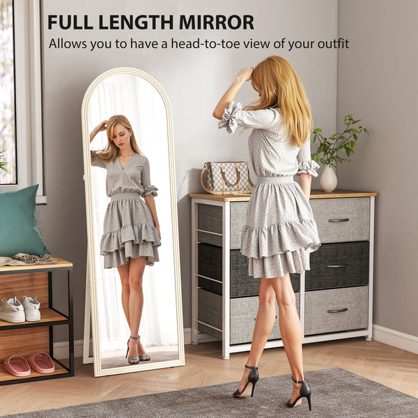 Full-length arched floor mirror with faux stone frame, white
