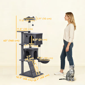 160cm Cat Tree with Scratching Posts, Cabins, Soft Perches, Hammock, Ladder, Dark Grey
