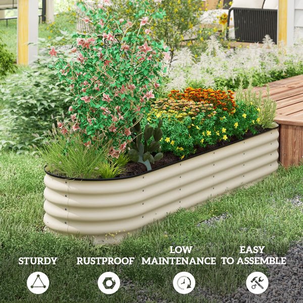 Raised galvanized steel planter with safety rim, cream white 