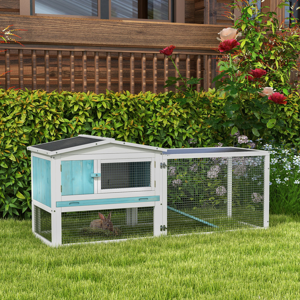 Wooden hutch with removable tray, opening roof, waterer, and run, blue