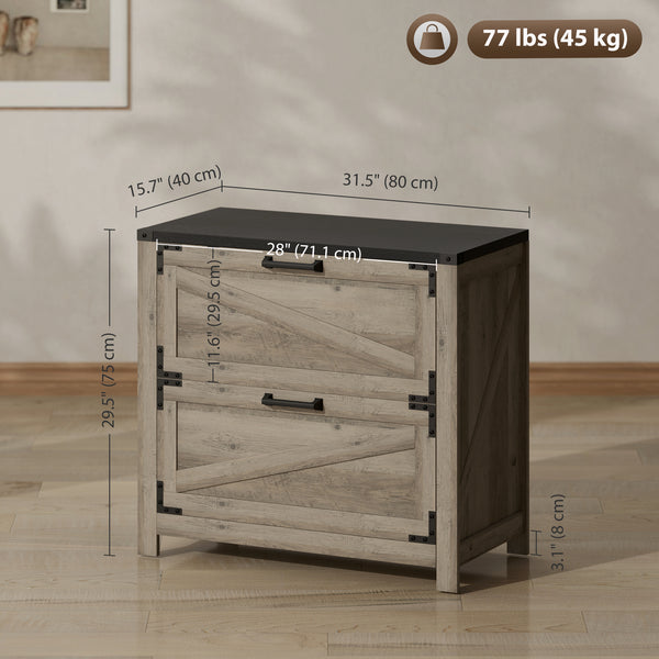 Country Style 2-Drawer Filing Cabinet with Adjustable Hanging Bars for Letter, A4, Legal Size, Grey