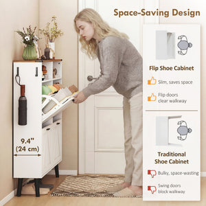 Shoe cabinet with 4 flip-down drawers, country style, narrow, holds up to 24 pairs, white