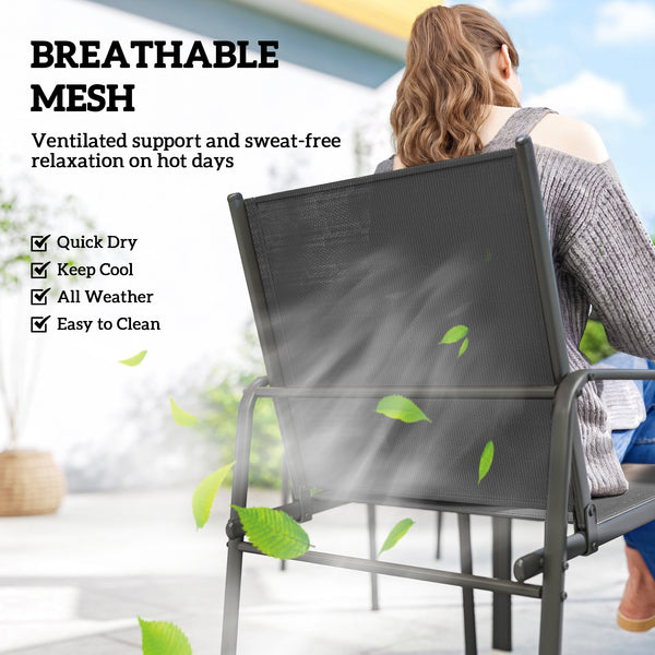 Outdoor dining set for 6 people, faux wood patio table and chairs with breathable mesh seats, galvanized steel frame, black 