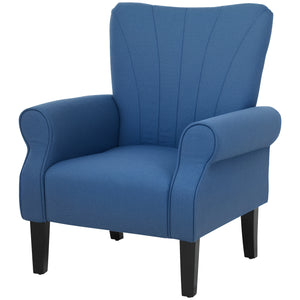 Modern fabric accent chair with wooden legs, dark blue